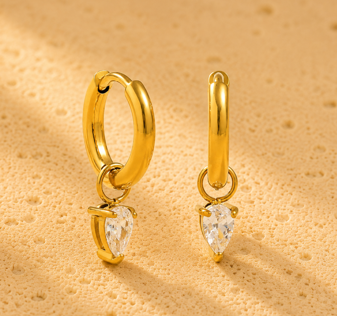 Sundrop Huggies Earrings, 18k gold-plated waterproof huggie hoop earrings by Golden Hour with pear-cut stone charms, tarnish-resistant and hypoallergenic